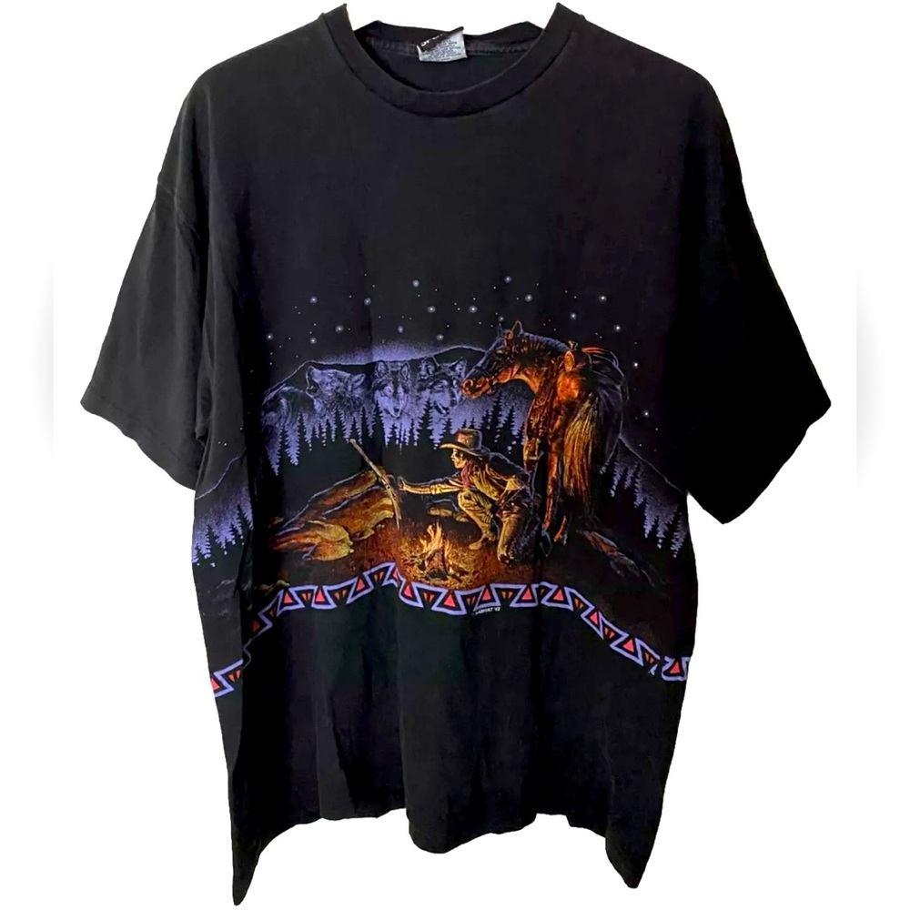 Vintage Cowboy Horse Wolf Camp Fire Jackson Hole Shirt Single Stitch Size XL